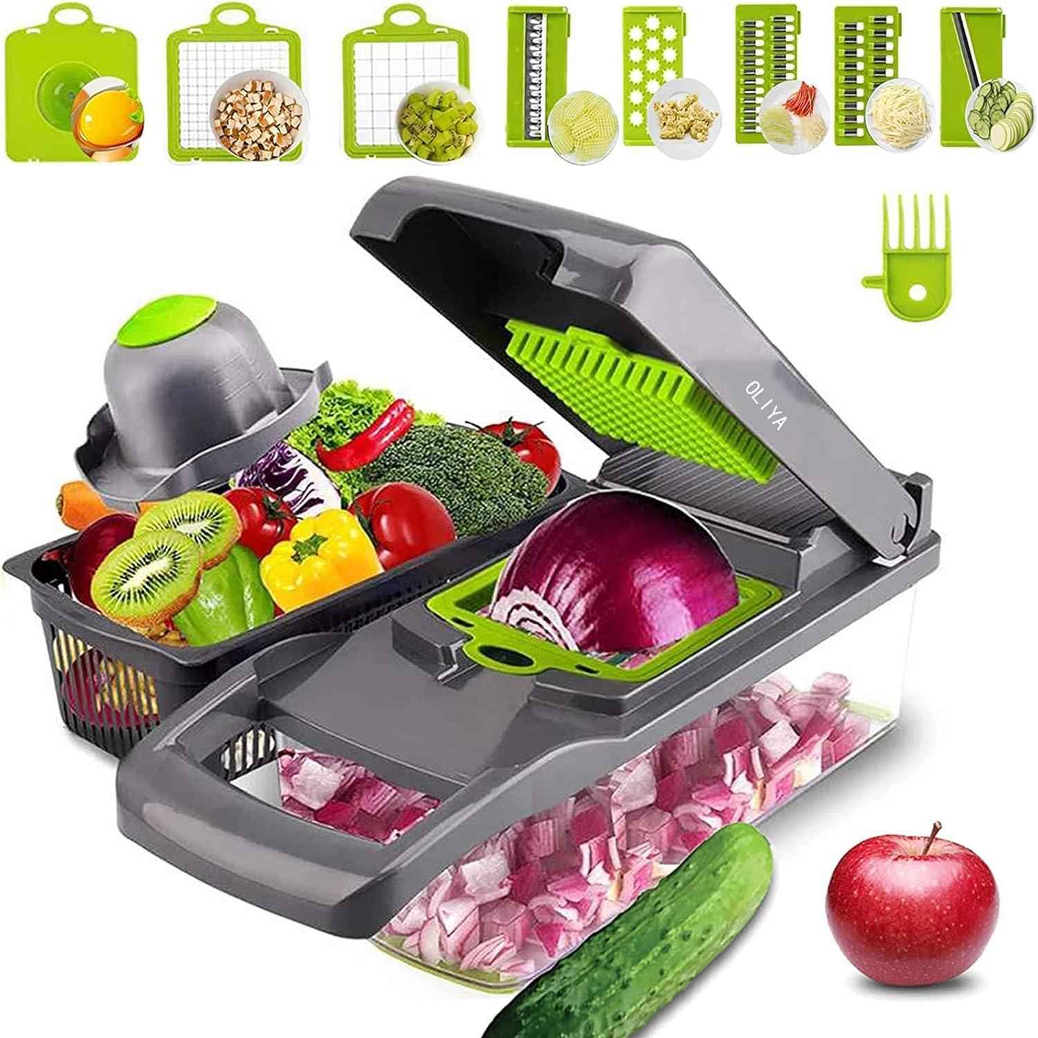 12 in 1 Vegetable Chopper Onion Slicer with Container 6 Steel Blades OLIYA