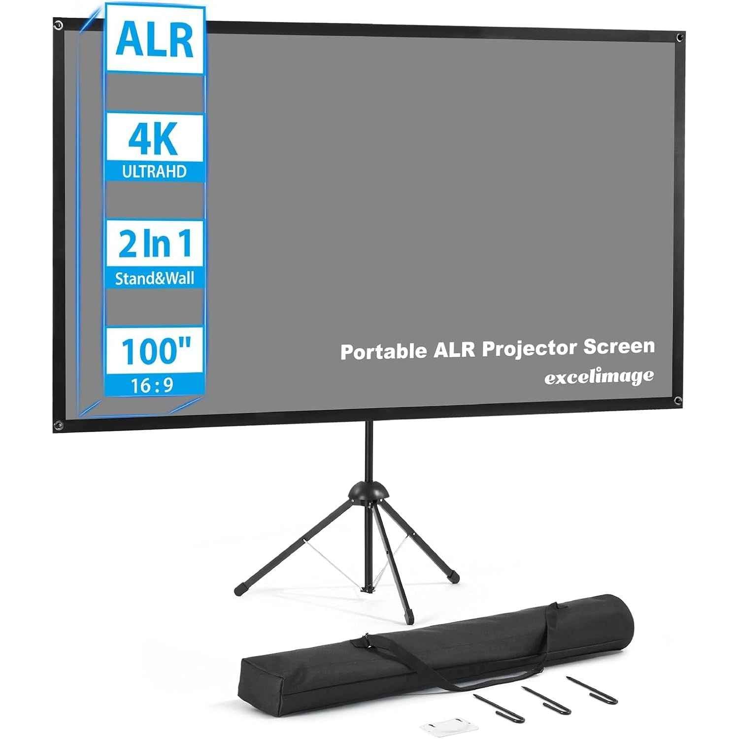 100'' ALR Projector Screen with Stand, 16:9, Portable, Easy Setup, Outdoor & Home