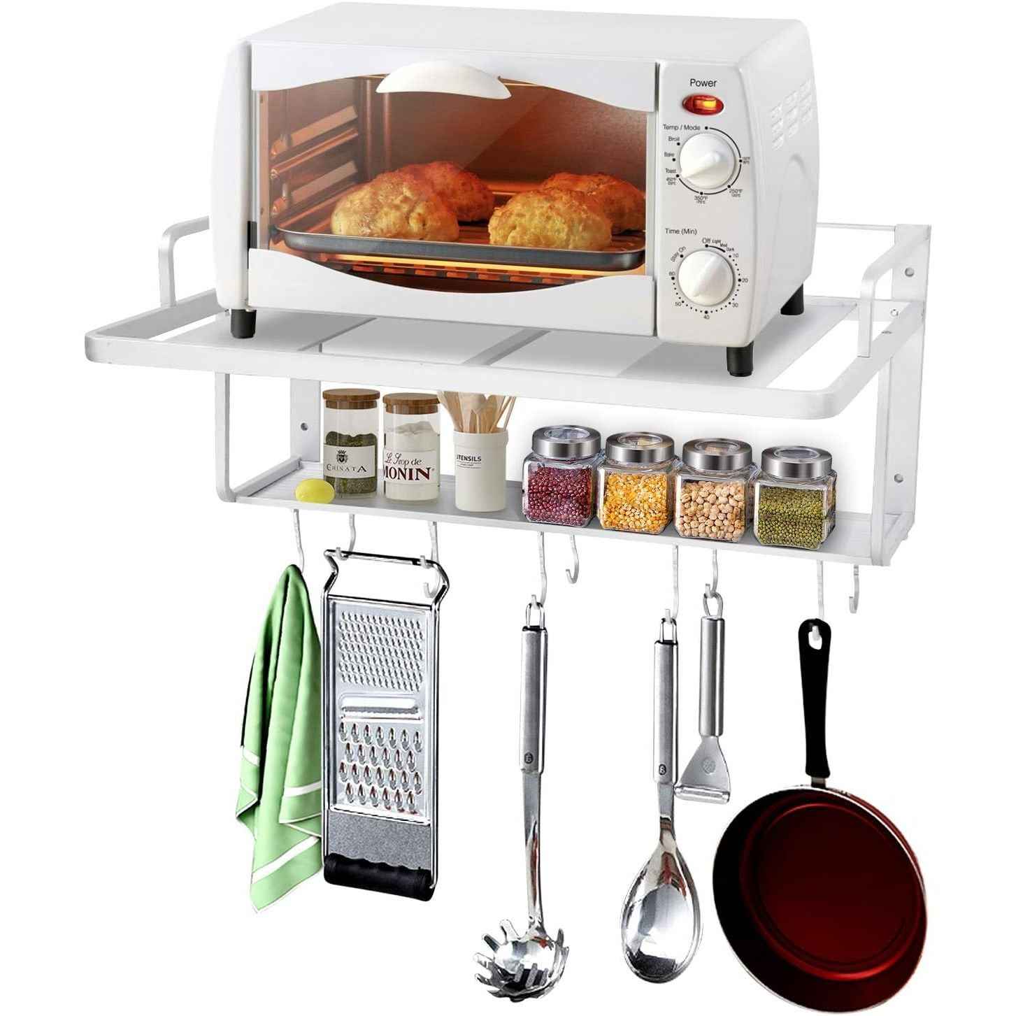 Wall Mounted Microwave Rack – 2-Tier Aluminum Shelf with Guard Rail 21.6in