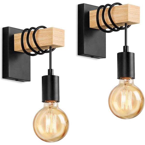 Wooden Wall Light 2 Pack Vintage Industrial E27 Rustic Sconce Black Lightess