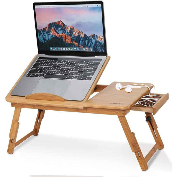 Bamboo Folding Laptop Desk – Adjustable Bed Tray with Drawer, Cup Slot & Vent