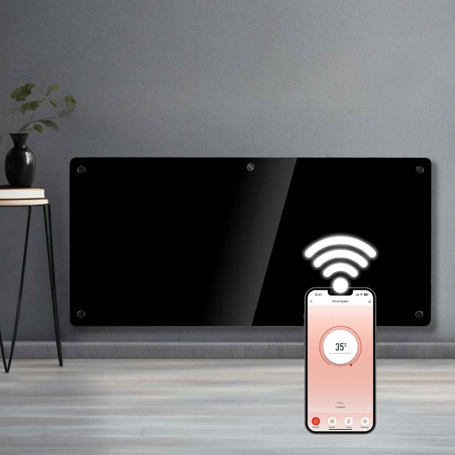 2000W Black Glass WIFI Smart Electric Radiator Heater with Thermostat Futura