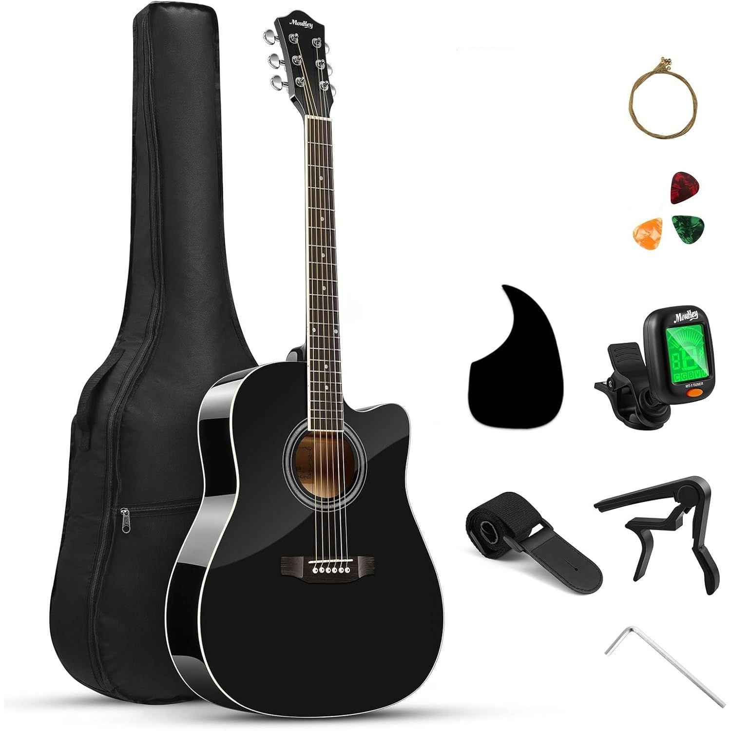 Acoustic Guitar Full Size 41 Inch Cutaway Starter Kit with Accessories Moukey