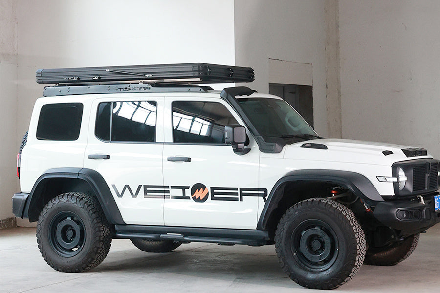 WEIER WERT-001S Vehicle Hard shell Triangle Roof Top Tent - For Car / RV / Pickup / Van / Camper / 4x4 - 2 Person 300Kg + 7mm Mattress + Ladder + LED Light + Shoe Bag
