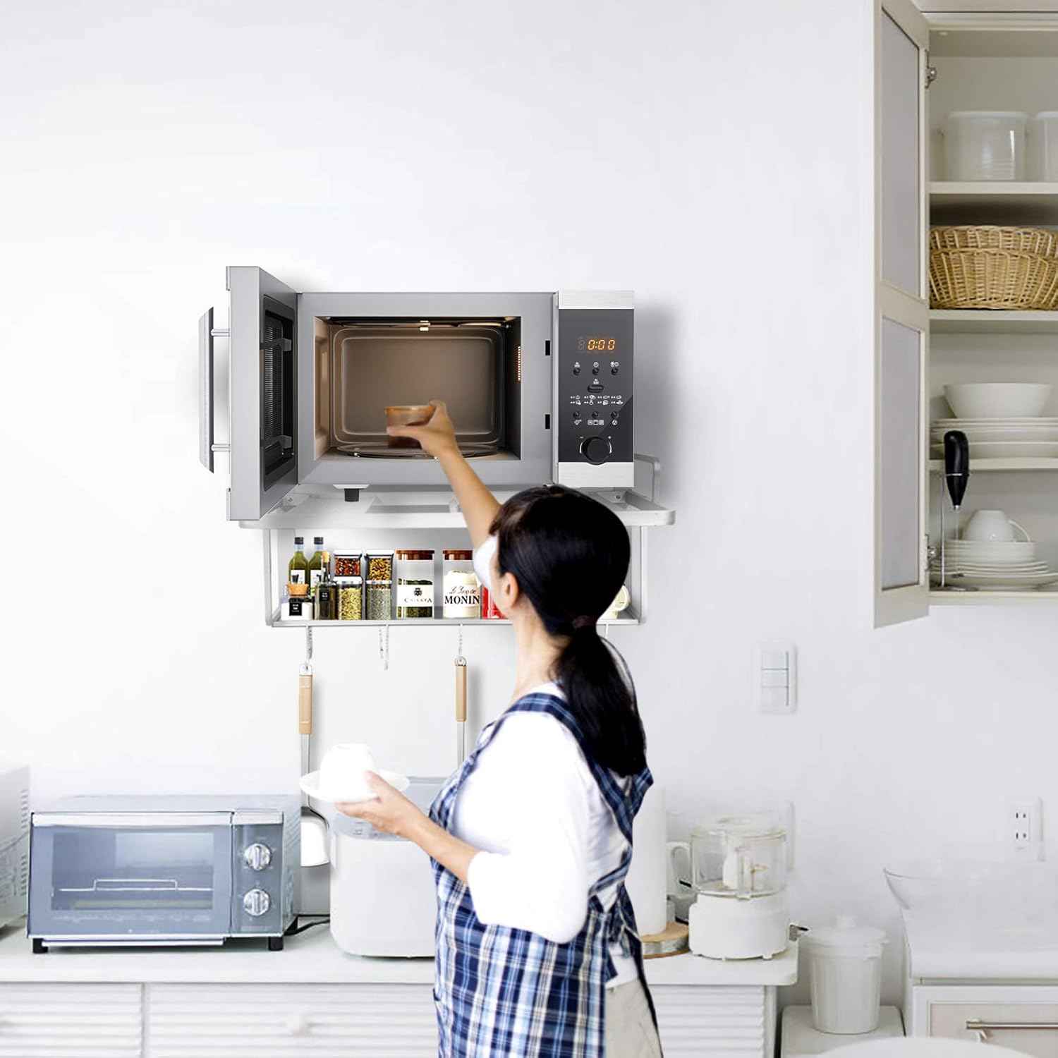 Wall Mounted Microwave Rack – 2-Tier Aluminum Shelf with Guard Rail 21.6in