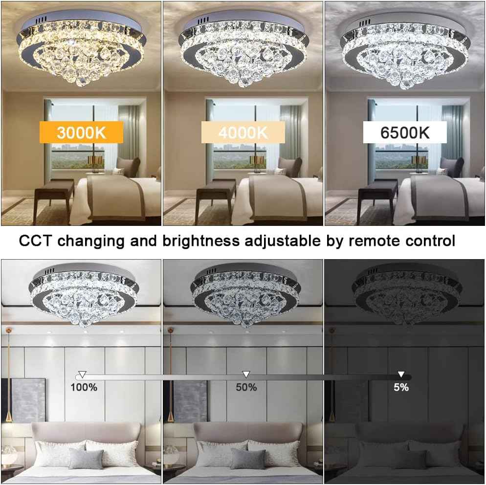 36W Dimmable Crystal LED Ceiling Light 40cm with Remote, 3000K-6000K
