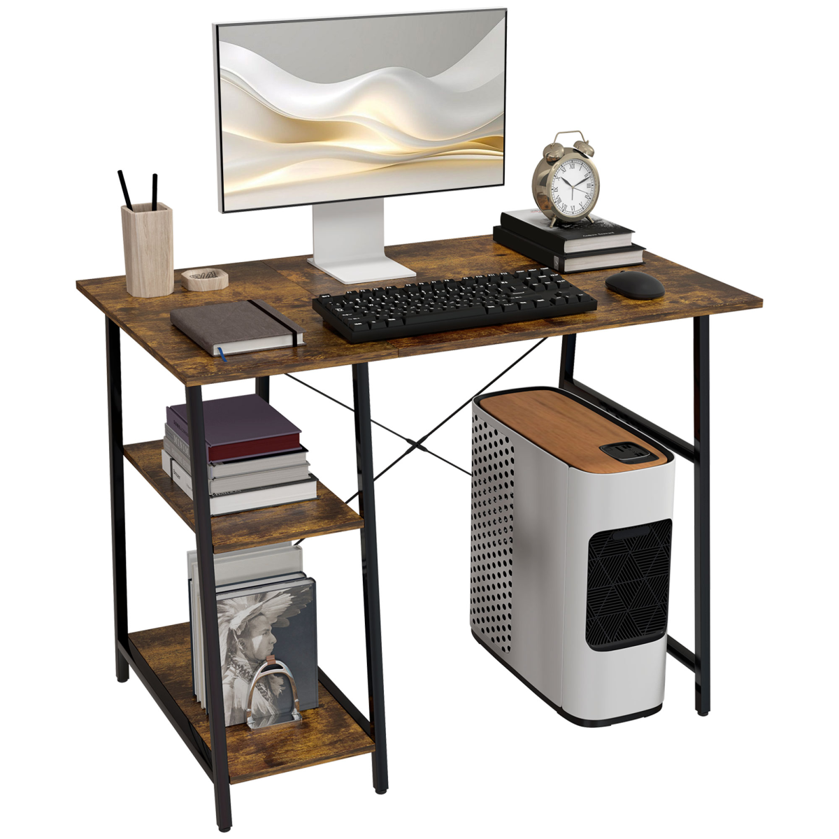 HOMCOM Computer Table Wor Desk with Shelves & Steel Frame, Rustic Brown