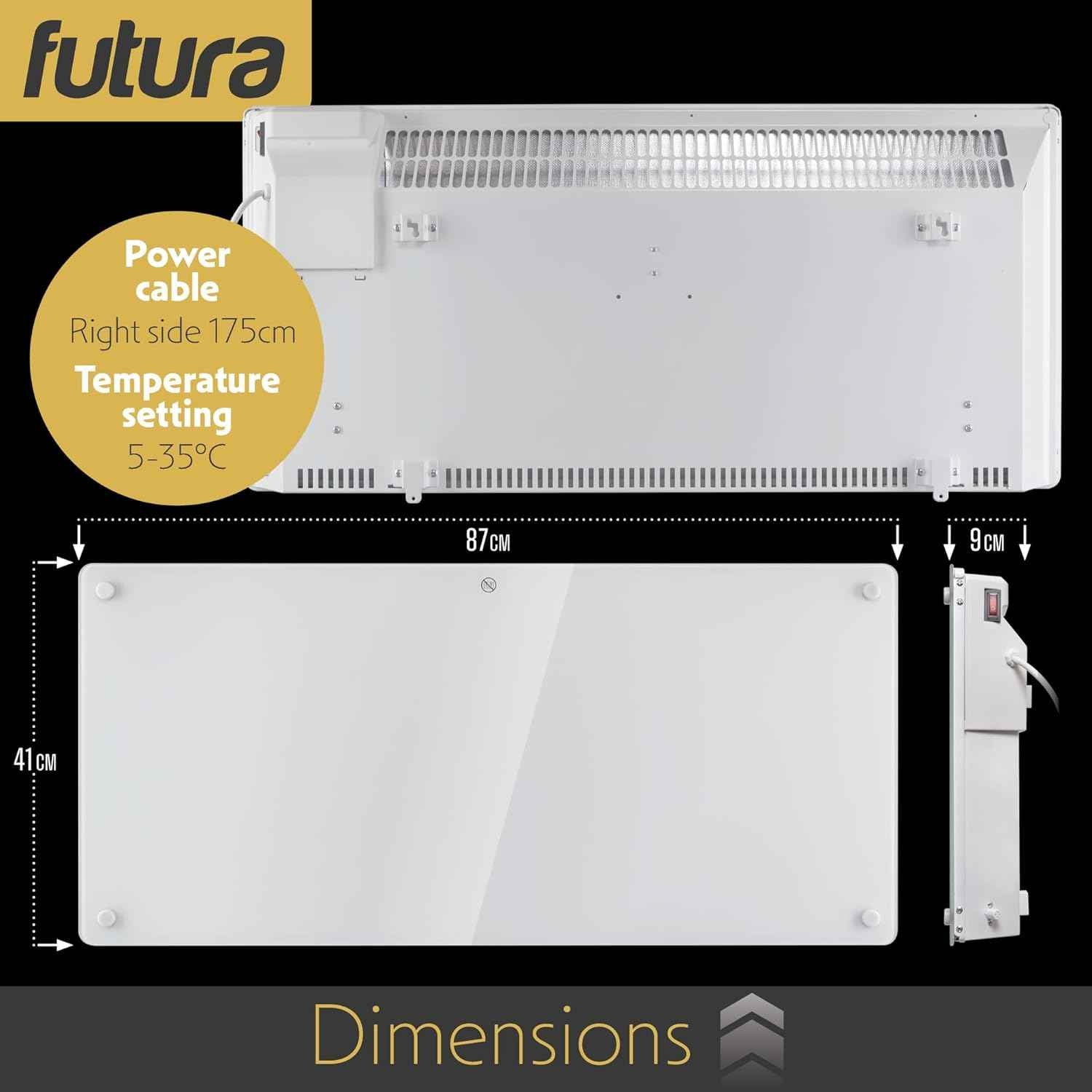 2000W White Glass Electric Radiator Heater with Thermostat Wall Mounted Futura