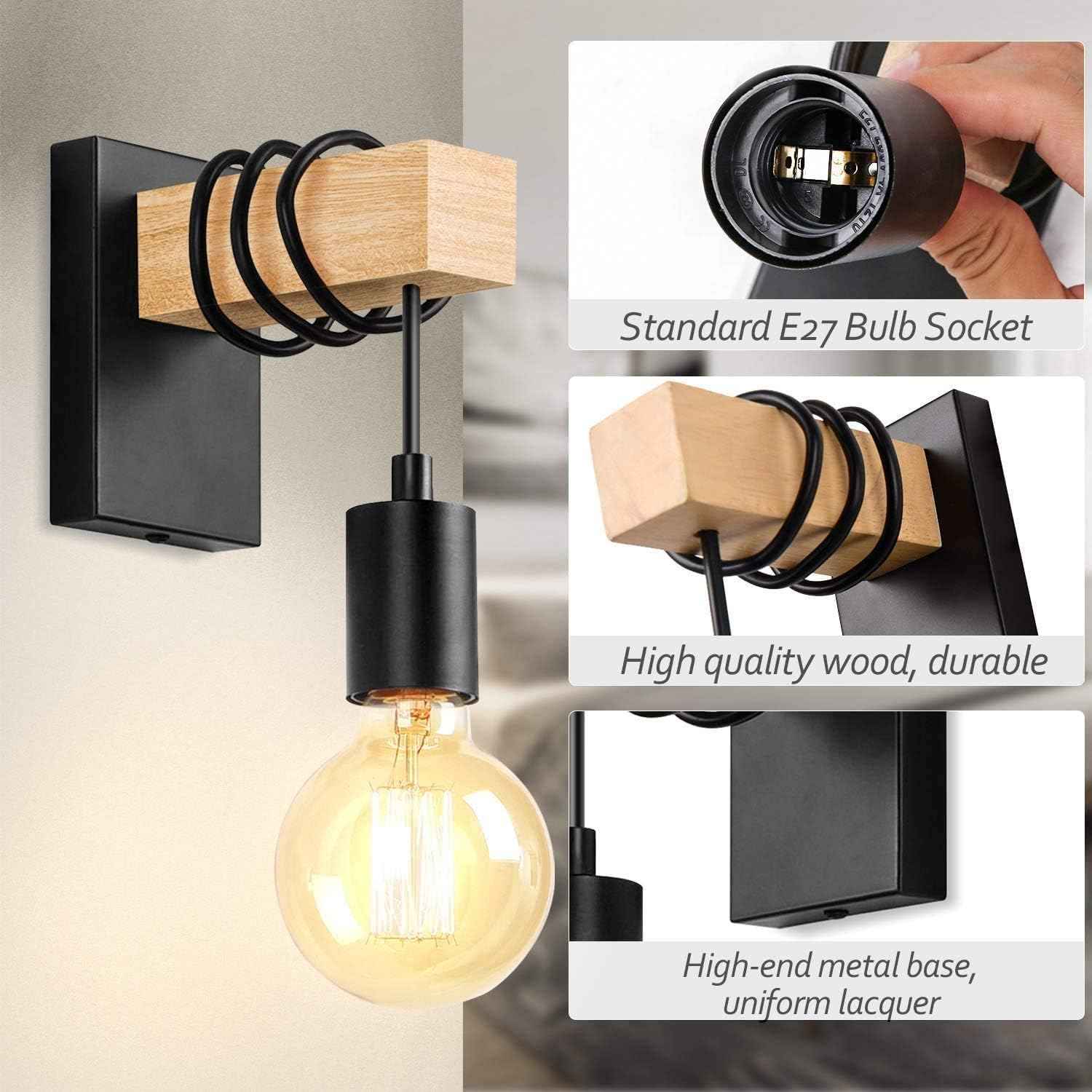 Wooden Wall Light 2 Pack Vintage Industrial E27 Rustic Sconce Black Lightess