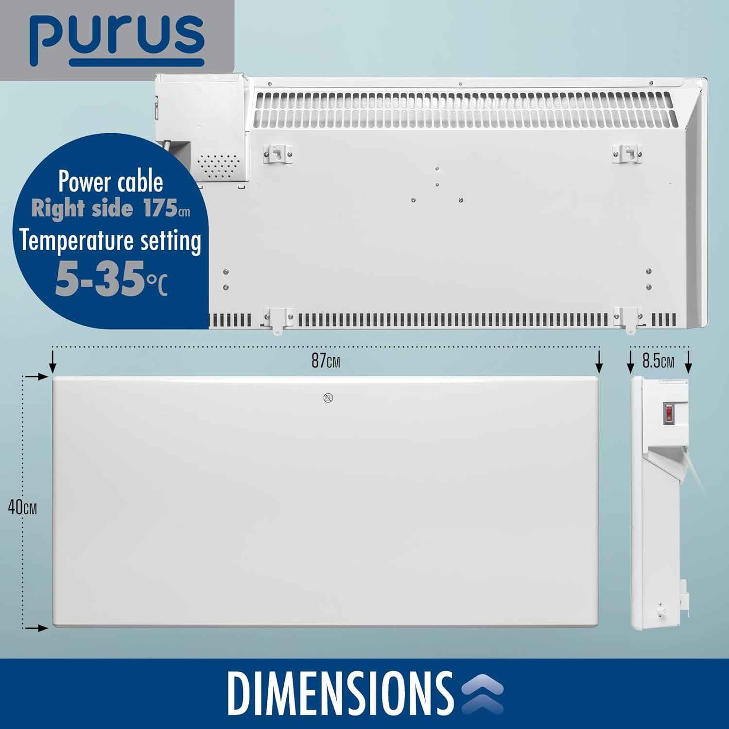 1800W White Electric Radiator Heater with Thermostat Wall Mounted Purus