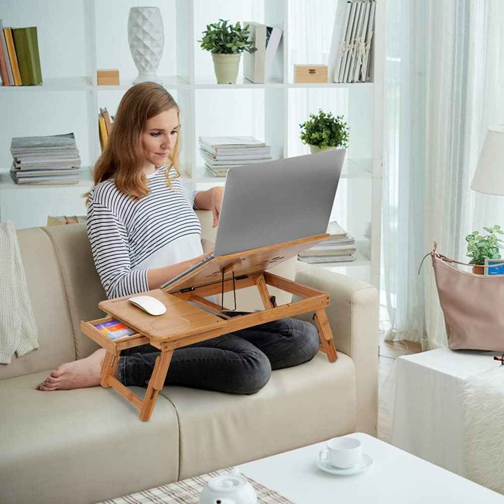 Bamboo Folding Laptop Desk – Adjustable Bed Tray with Drawer, Cup Slot & Vent