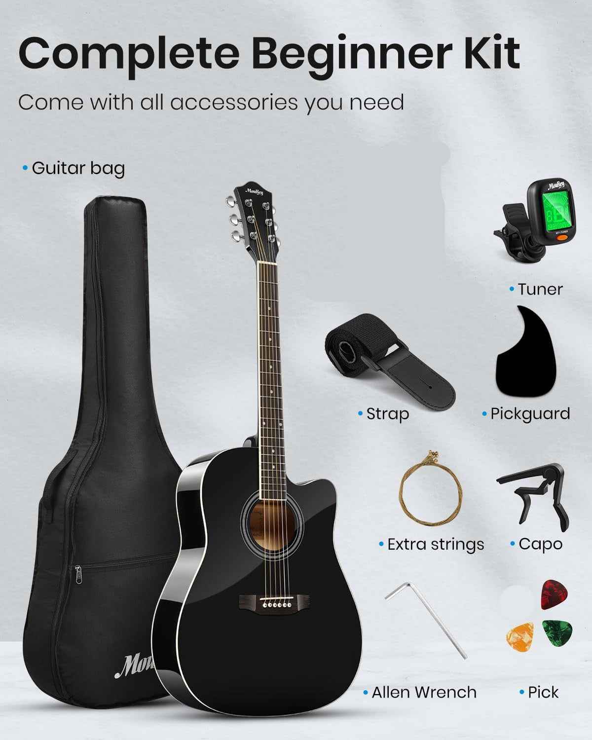 Acoustic Guitar Full Size 41 Inch Cutaway Starter Kit with Accessories Moukey