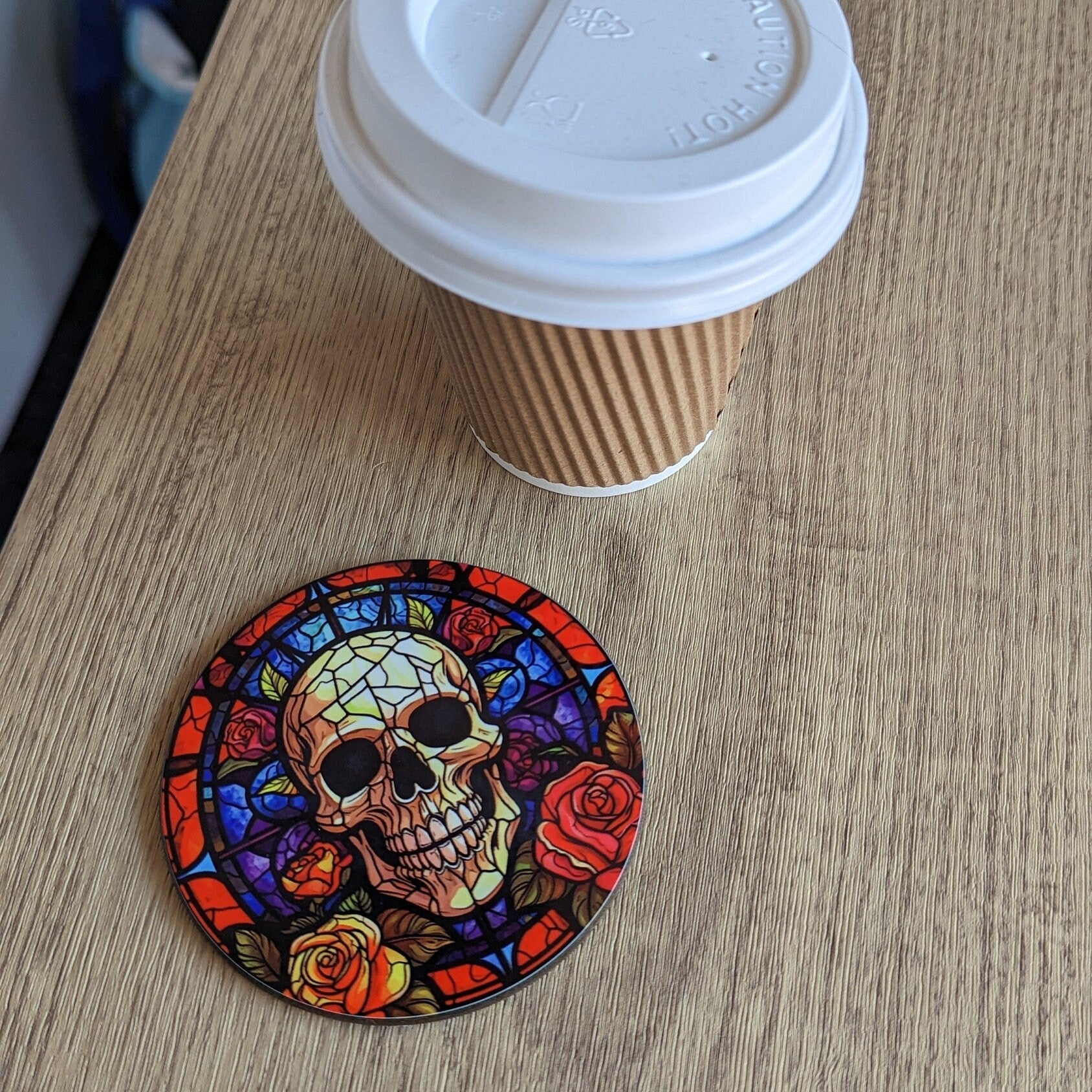 Gothic Skull Stained Glass Coaster – Circular Design