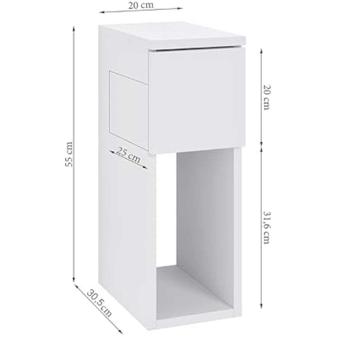 ComfortCove Bedside Tables, Bedside Drawers, Narrow Bedside Table, Bedside Cabinet, Slim End Table with Storage Shelf, White. Size: W20 x H55 x D30,5 cm
