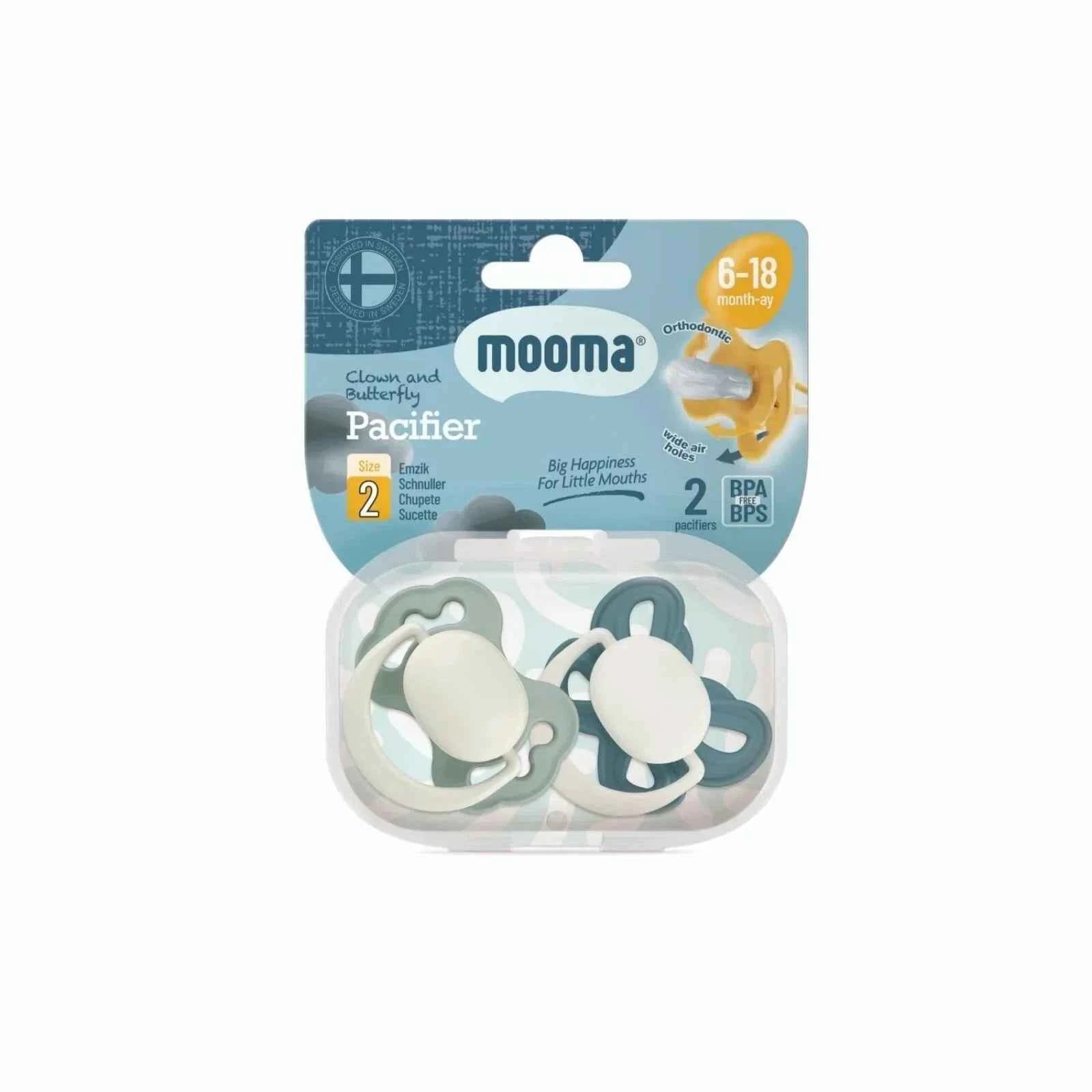 Mooma Clown & Butterfly Soothers 18+ months Pack of 2 - River Green & Ball Blue