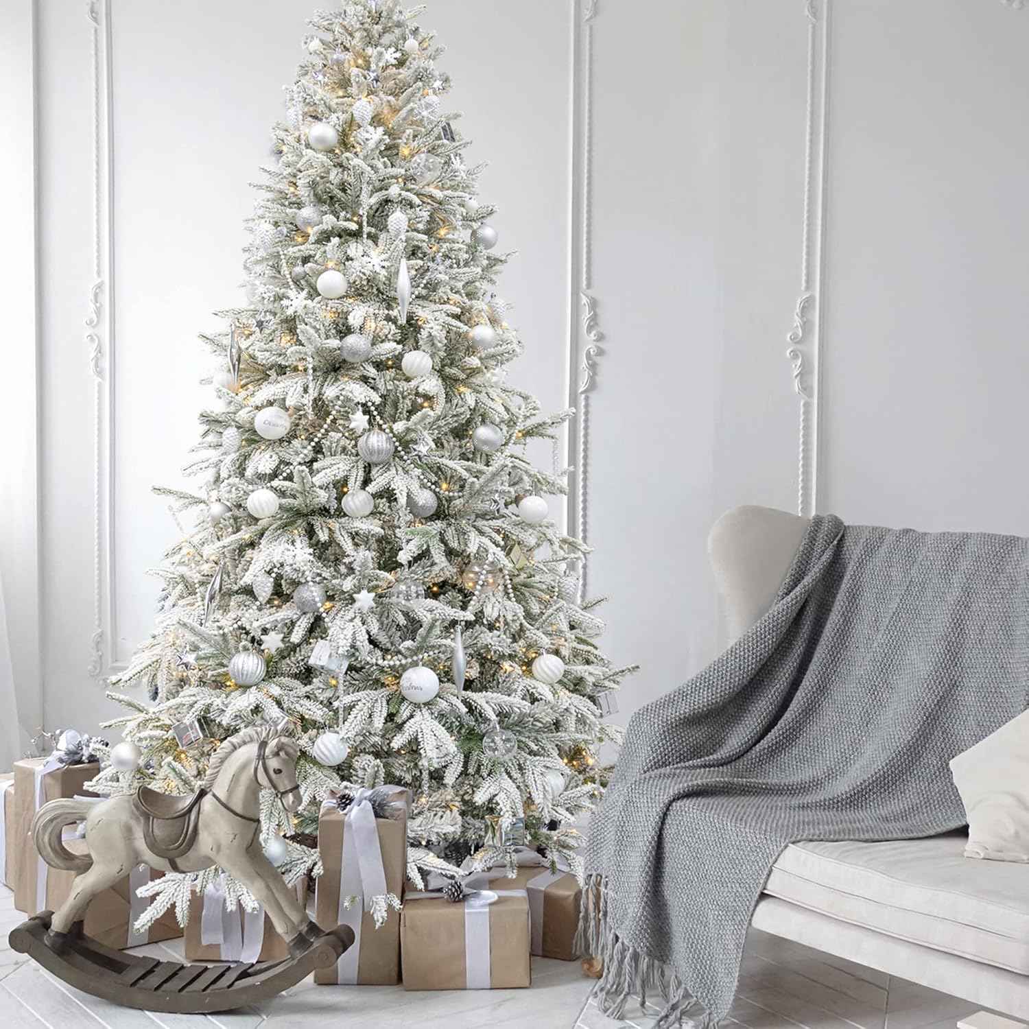 Artificial Christmas Tree 6.5ft Snow Flocked Branches Realistic Unlit Pine KI Store