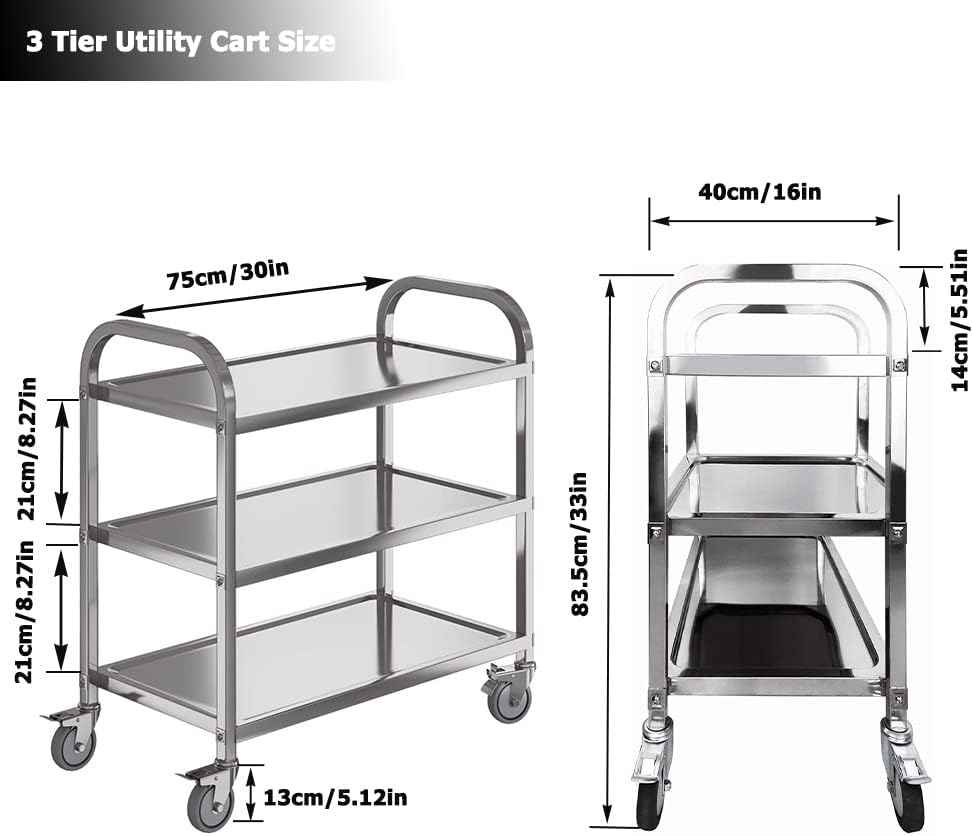 3 Tier Catering Trolley Stainless Steel with Locking Wheels 75x40x83cm Nisorpa