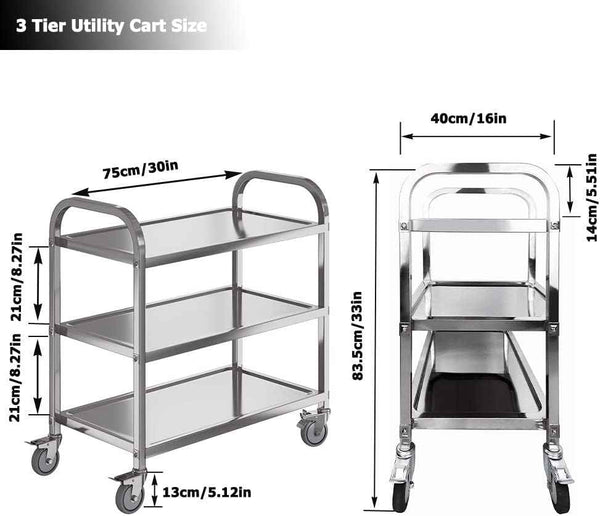 3 Tier Catering Trolley Stainless Steel with Locking Wheels 75x40x83cm Nisorpa