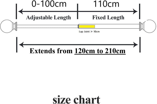 16/19mm Dia 120-210cm Extendable Curtain Pole Set, White, Ball Finials 48-84inch