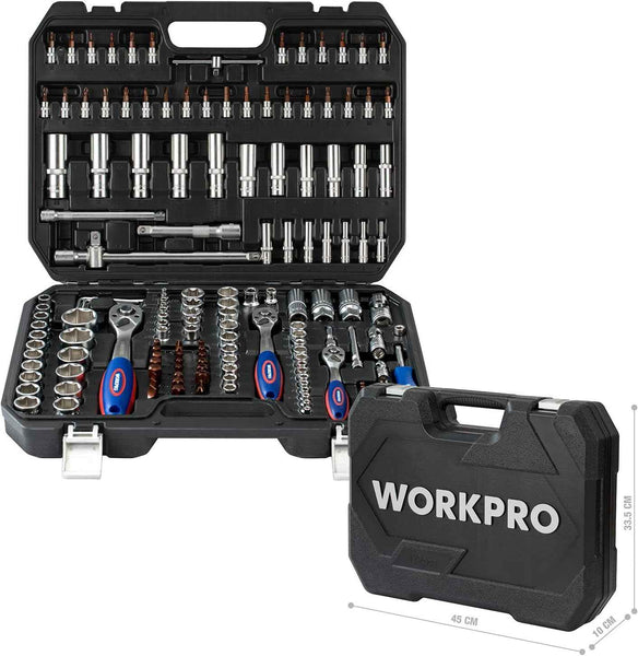 WORKPRO 172-Piece Cr-V Socket Set – 1/2", 3/8", 1/4" Drive, Ratchets & More