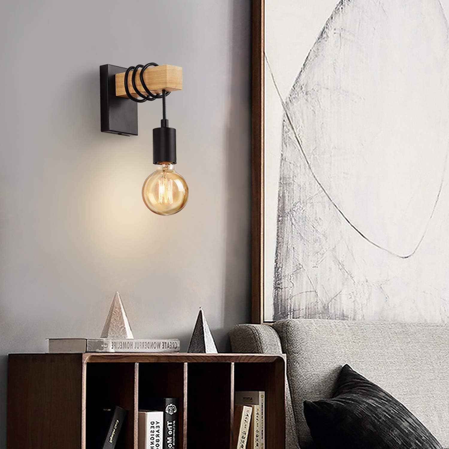 Wooden Wall Light 2 Pack Vintage Industrial E27 Rustic Sconce Black Lightess