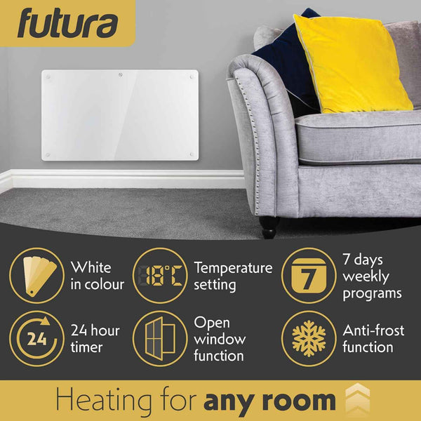 1500W White Glass Electric Radiator Heater with Thermostat Wall Mounted Futura