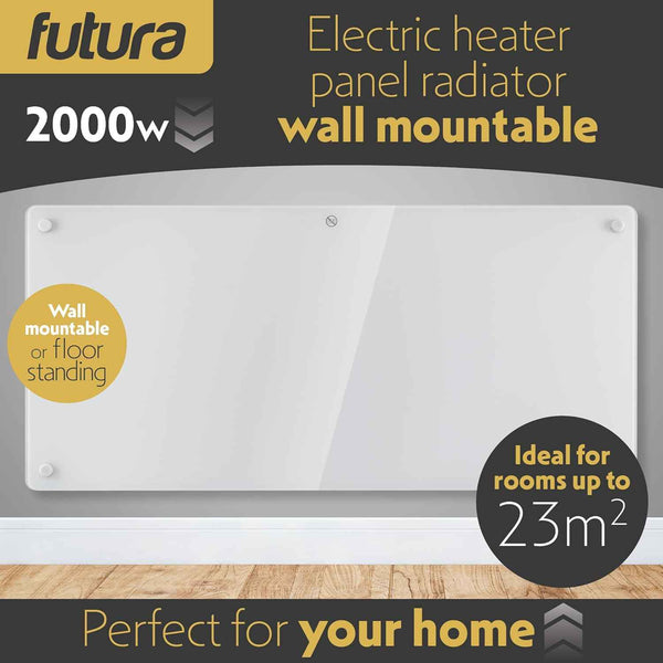 2000W White Glass Electric Radiator Heater with Thermostat Wall Mounted Futura
