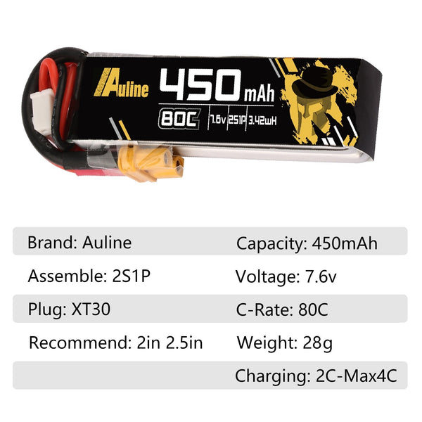 AuLine 450mAh 2S 7.6V HV 80C XT30 Lipo Battery (2 pack)