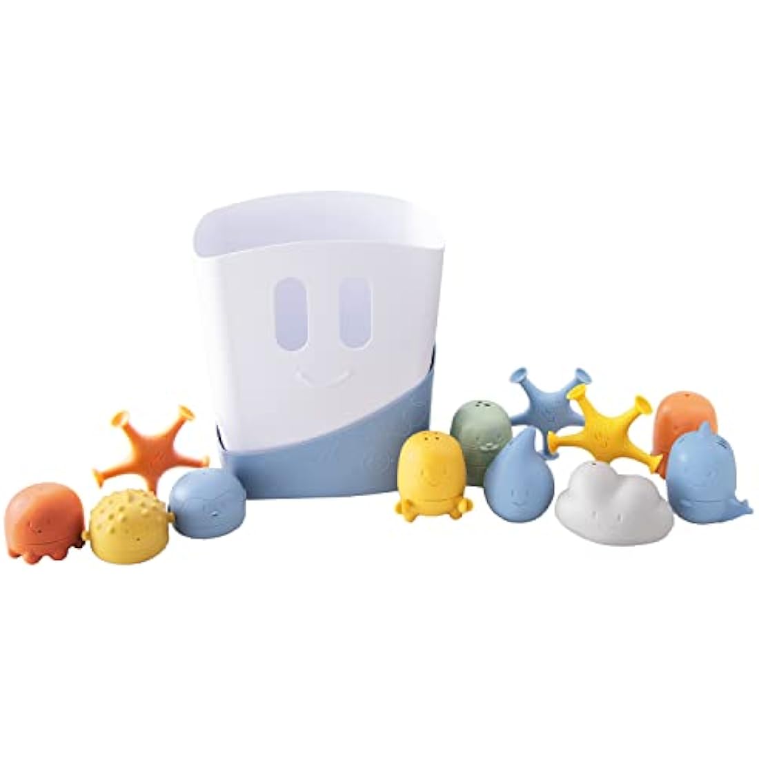 Ubbi Bath Time Essential Gift Set, Includes Drying Bin and 12 Water Toys for Toddler Bath Time Play, Baby Bath Accessory, Muted Blue