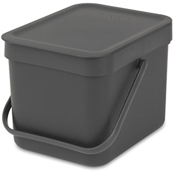 Brabantia Sort & Go Food Waste Bin (6L / Grey) Small Countertop Kitchen Compost Caddy with Handle & Removable Lid, Easy Clean, Fixtures included for Wall/Cupboard Mounting, Grey