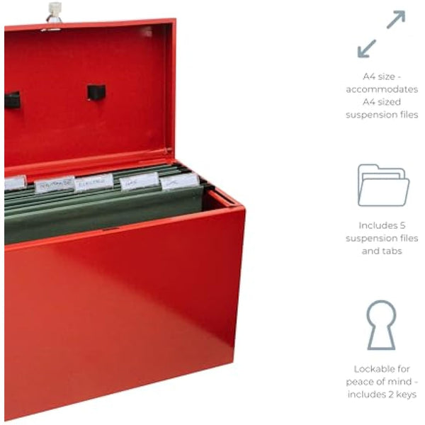 Cathedral Products A4 Steel File Box with Starter Pack of 5 Suspension Files - Red