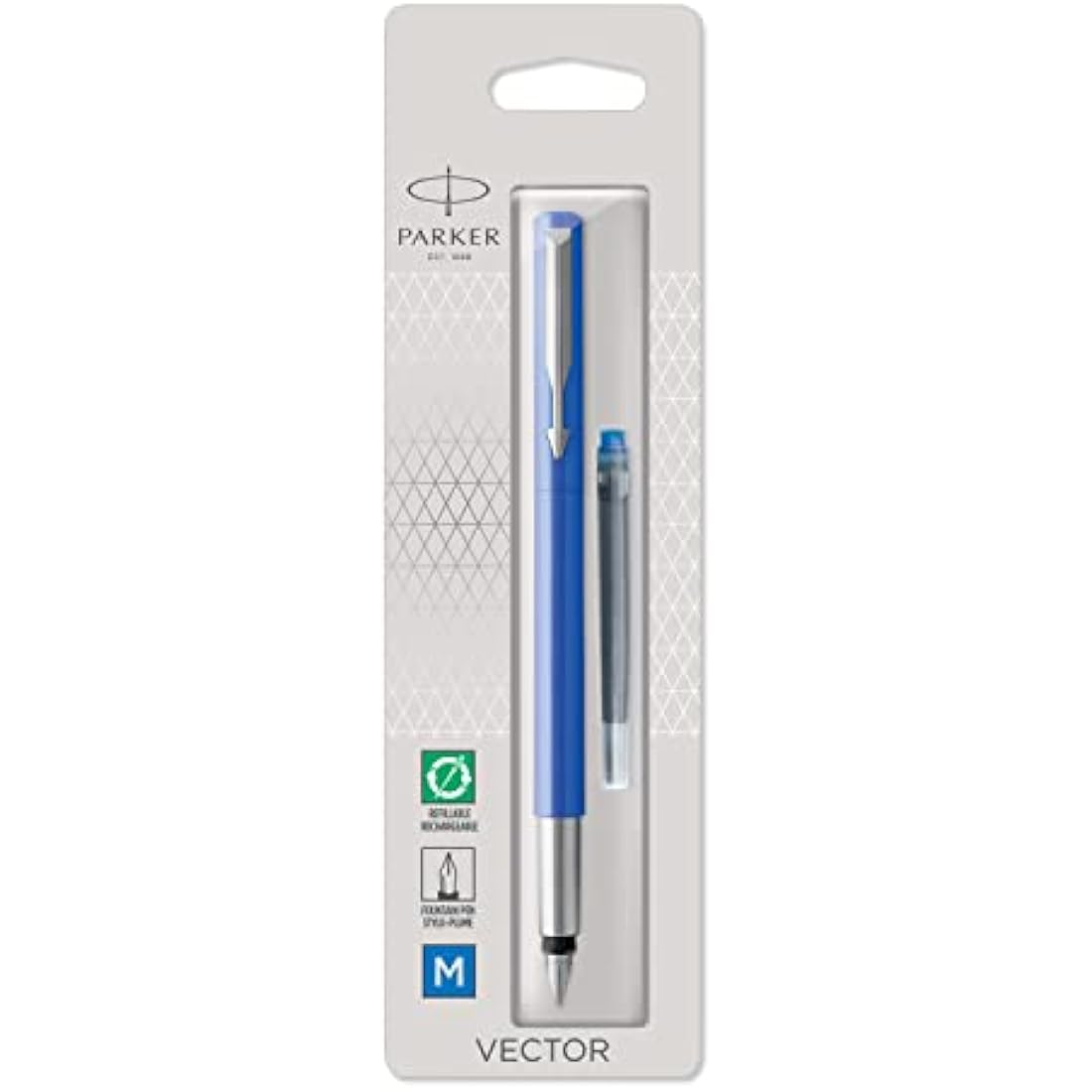 Parker Vector Fountain Pen | Blue with Chrome Trim | Medium Nib | Blue Ink | Hangtab
