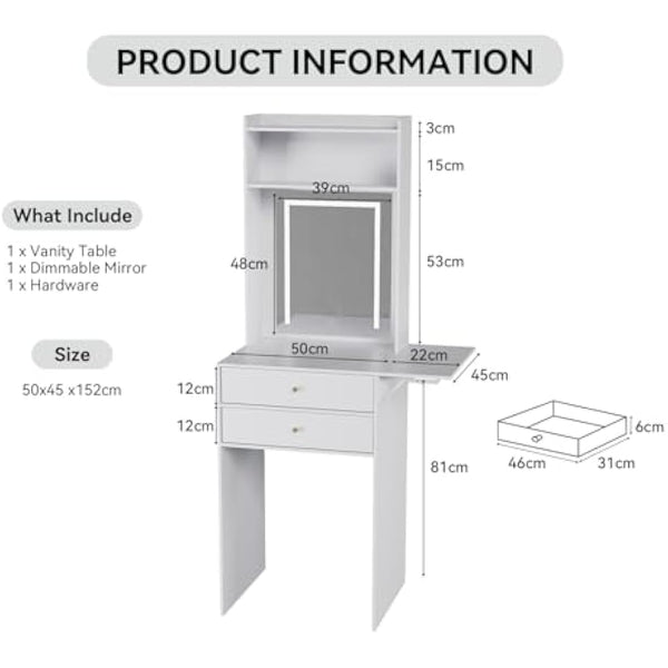 YOURLITE Dressing Table with LED Lights, Vanity Table with Adjustable Brightness Mirror, Makeup Desk with 2 Drawers and Open shelves, White Dressing Table with Fold-up Panel for Bedroom