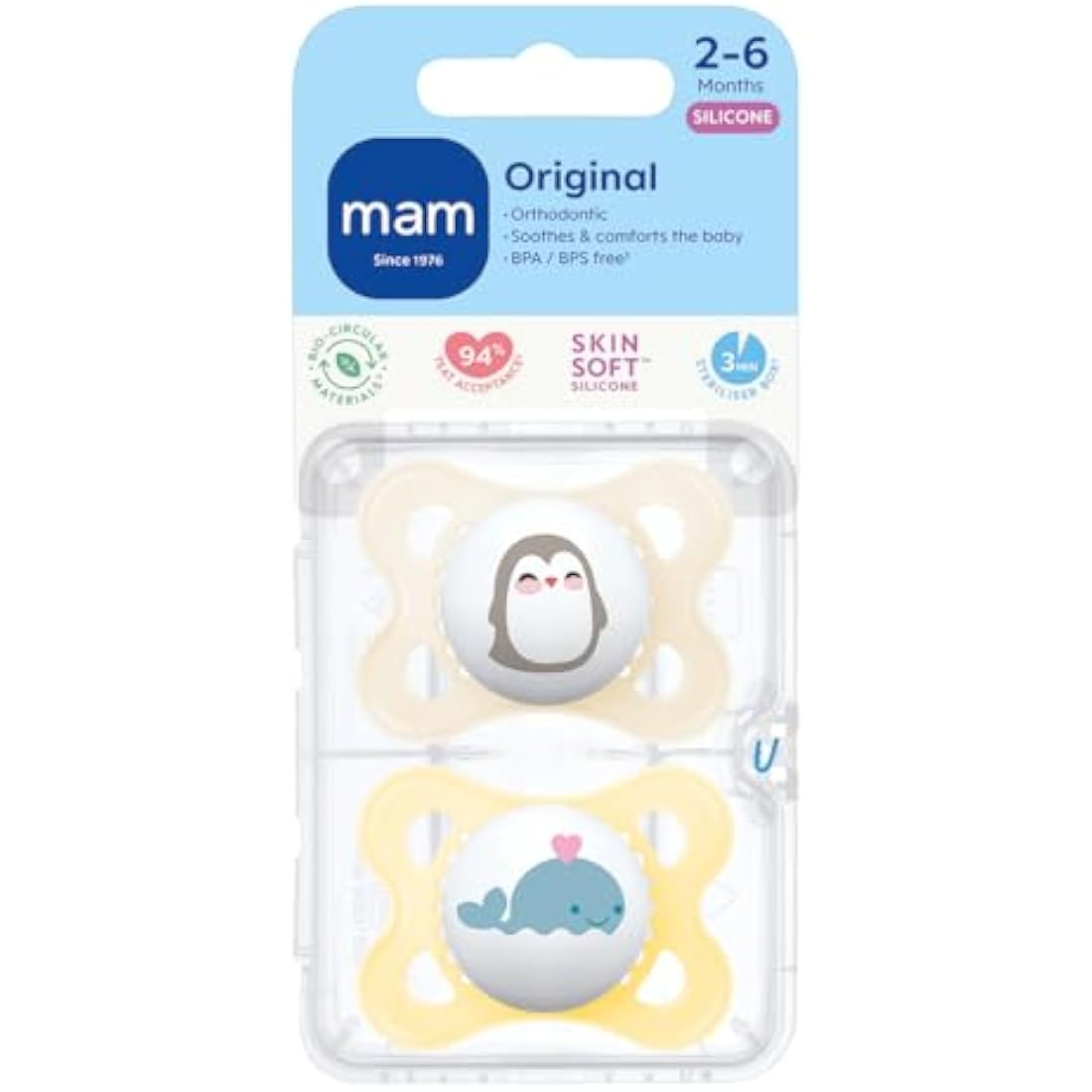 MAM Original Soothers | 0-6 Months | 2 Pack | Comes in Dummy Steriliser Case | Sustainable Materials | Baby Accessories | Cream (Various Designs)