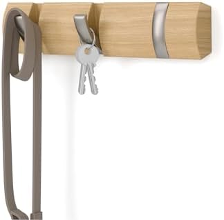 Umbra Flip 3-Hook Wall Mounted Coat Rack, Modern, Sleek, Space-Saving Coat Hanger with 3 Retractable Hooks to Hang Coats, Scarfs, Purses and More, Natural
