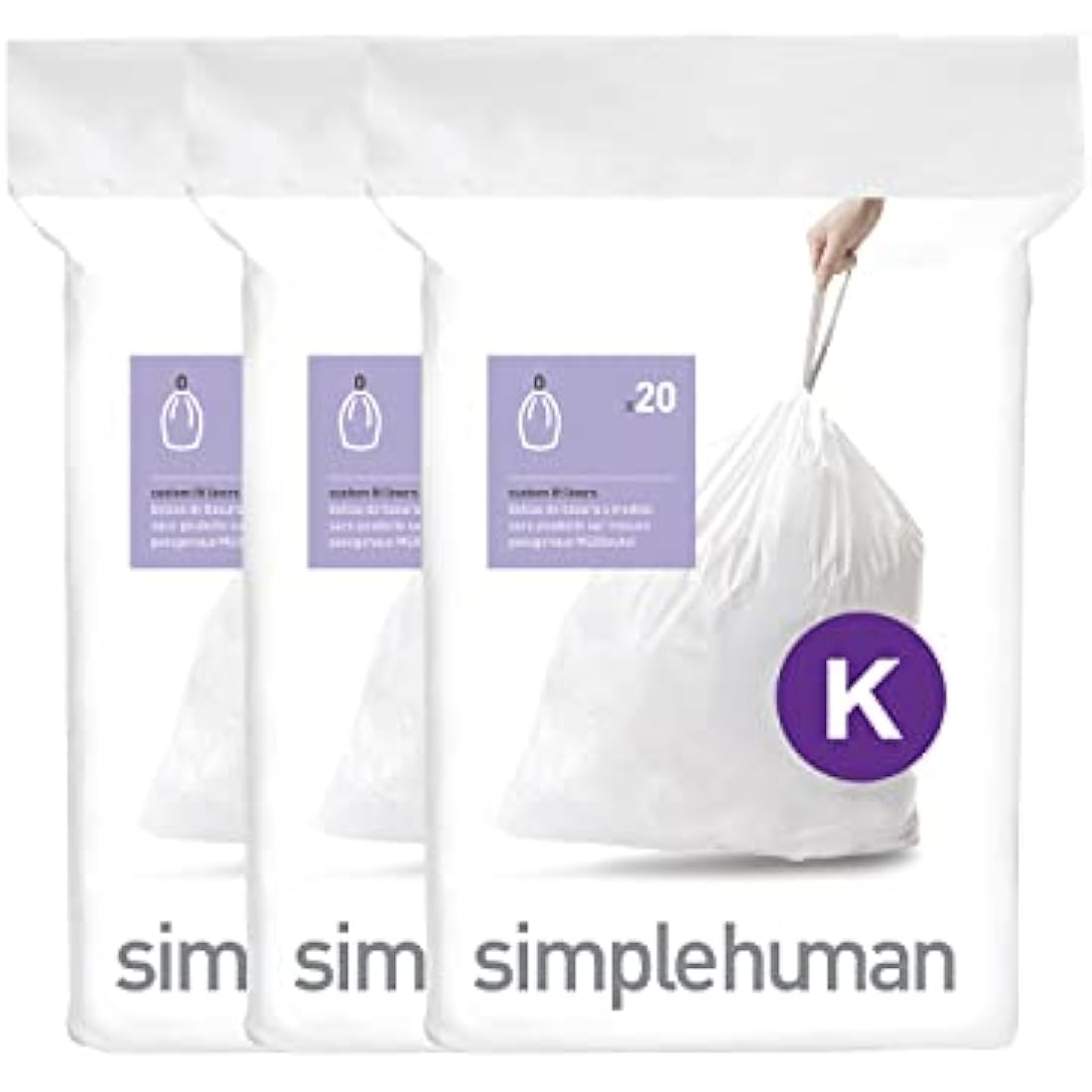 simplehuman CW0260 code K Custom Fit Bin Liner Bulk Pack, White Plastic (3 Pack of 20, Total 60 Liners)