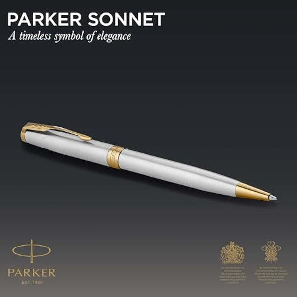 Parker Sonnet Ballpoint Pen | Stainless Steel with Gold Trim | Medium Point | Handwriting Pens & Stationery Supplies | Black Ink | Gift Box