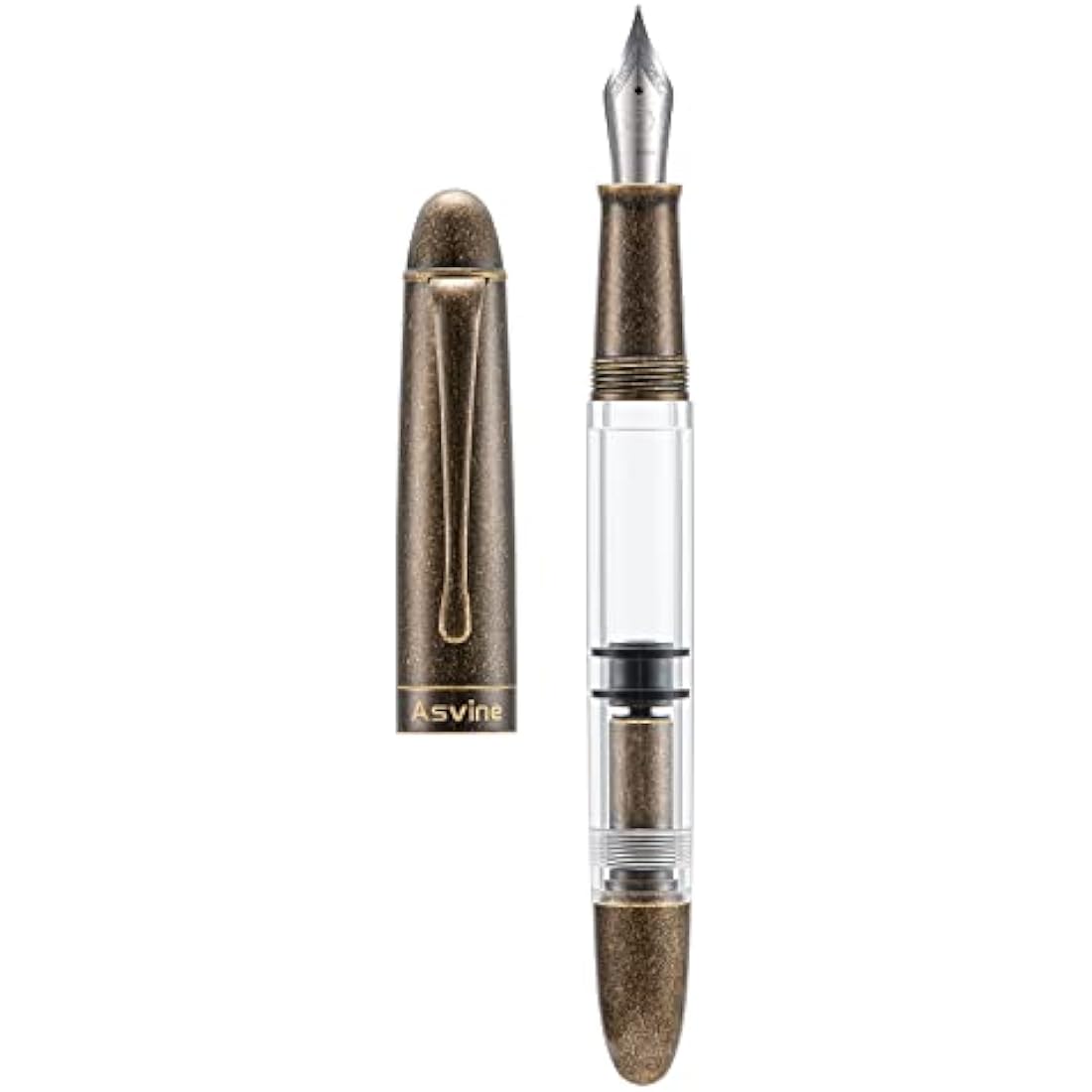 Asvine P30 Piston Fountain Pen Medium Nib, Retro Brass Style, Transparent Acrylic Large Ink Capacity Writing Gift Box