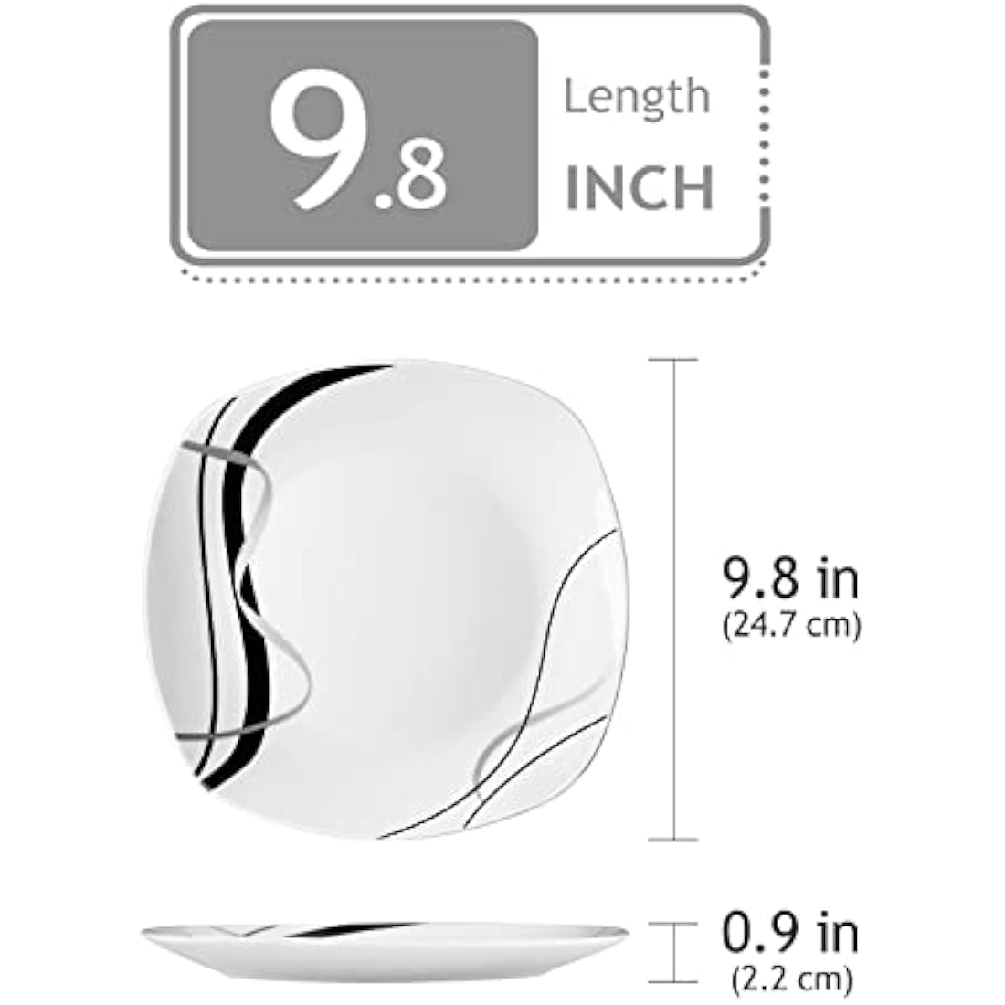 VEWEET 'Fiona' 9.75" 6-Piece Dinner Plate Porcelain Dinner Set Ivory White Black Decals Round Plates Dinning Set Kitchen Service China Dinner Plate (24.7 * 24.7 * 2.2 cm)