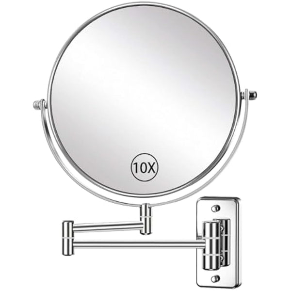AusDaur Wall Mounted 10X Magnifying Makeup Mirror 8" Double-Side With Extension Arm 360 Swivel for Bathroom and Hotel - Chrome