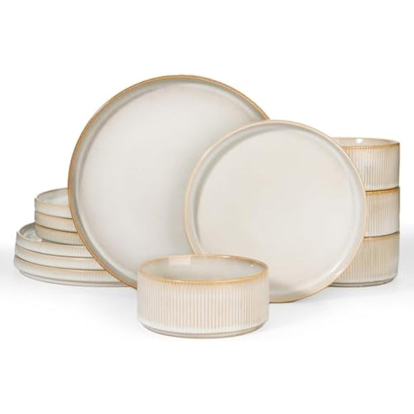 Richmount Star Plates and Bowls Set, 12 Pieces Dinner Set for 4, Stoneware Dinnerware Sets with Dinner Plates/Salad Plate/Cereal Bowls, Dishwasher & Microwave Safe, Cappuccino White