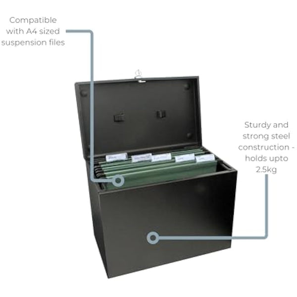 Cathedral Products A4 Steel File Box with Starter Pack of 5 Suspension Files - Black