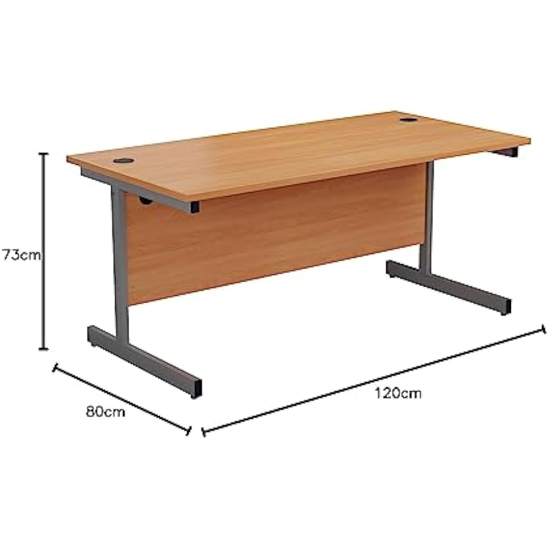 Office Hippo Heavy Duty Rectangular Cantilever Office Desk, Home Office Desk, Office Table + Integrated Cable Ports, PC Desk For Office or Home, 5 Yr Wty - Silver Frame/Beech Top, 120cm x 80cm