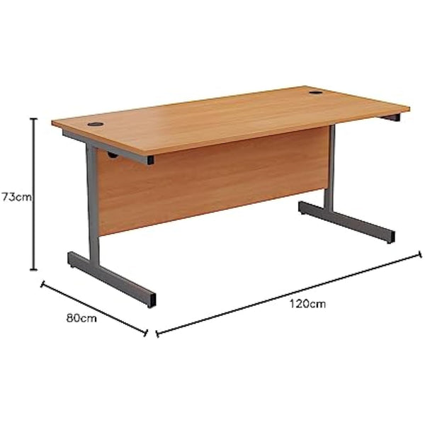 Office Hippo Heavy Duty Rectangular Cantilever Office Desk, Home Office Desk, Office Table + Integrated Cable Ports, PC Desk For Office or Home, 5 Yr Wty - Silver Frame/Beech Top, 120cm x 80cm