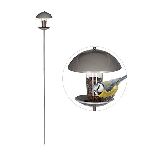 Relaxdays Bird Feeder, Birdhouse, Standing or Hanging Seed Dispenser, Garden & Balcony, H: 172 cm, Silver