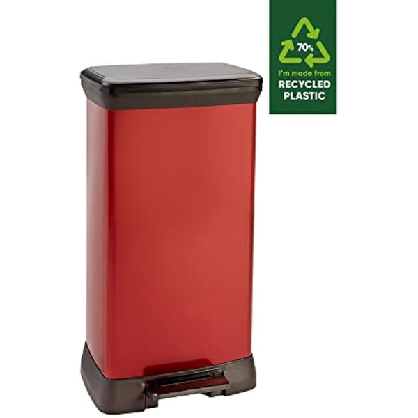 Curver Metal Effect 70% Recycled Kitchen Pedal Touch Deco Bin 50 Litres - Red