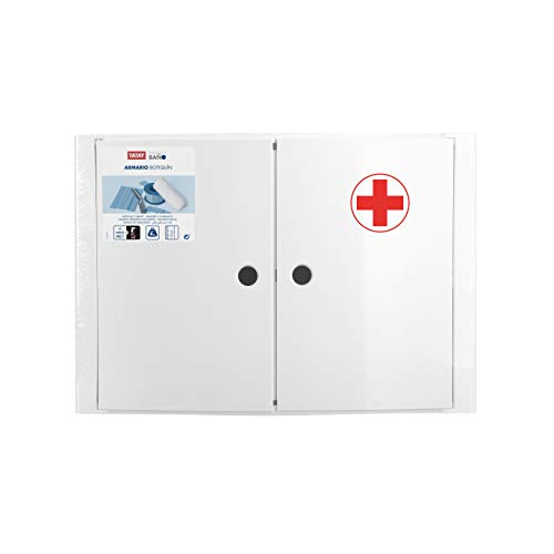 TATAY Horizontal plastic cabinet, white colour, 2 doors without knobs, and removable inner shelf. Red Cross graphic on one of the doors