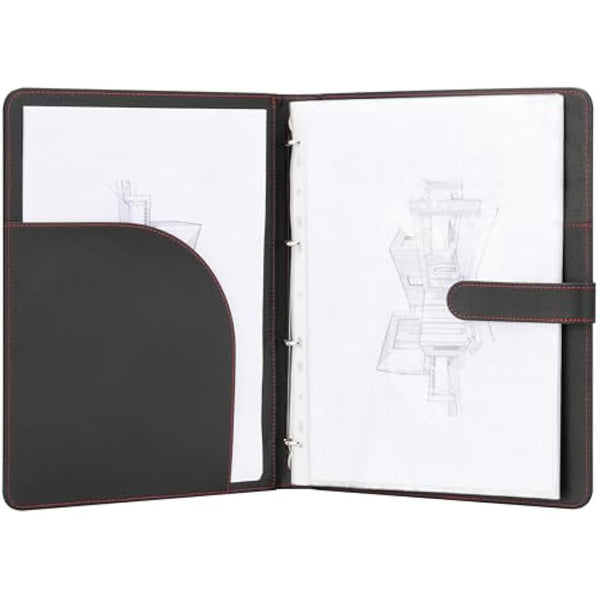 H&S A4 Portfolio Folder with Ring Binder Mechanism - with 40 Plastic A4 Document Pockets - Black Faux Leather Conference Folder