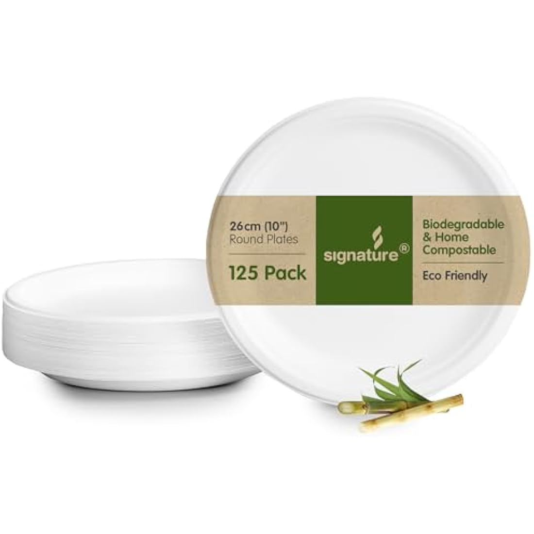 Signature Packaging - Biodegradable Paper Plates - 125 Pack - Large & Sturdy Disposable Tableware - Round 25cm