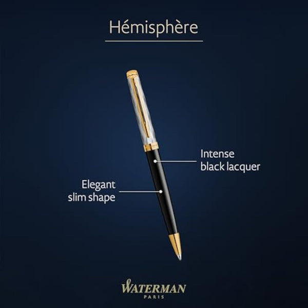 Waterman Hémisphère Ballpoint pen | Metal & Black Lacquer with Gold trim & Chiselled cap | Medium tip | Blue Ink | Gift Box